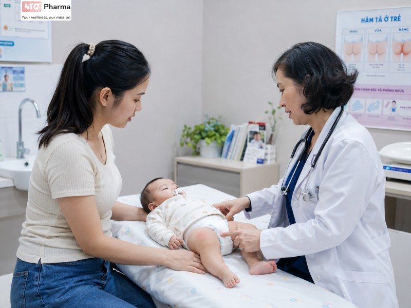 Bác sĩ kiểm tra và chẩn đoán các dấu hiệu hăm tã